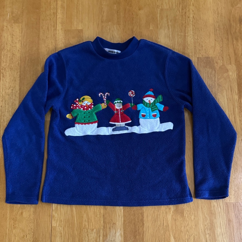 Vintage Blue Fleece Holiday Pullover with Snowman Design Christie Brooks